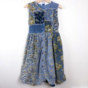 Cornelloki Girls Blue Floral Patchwork Button Up Velour Dress Size 5-6